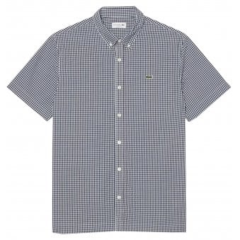 Lacoste Men's Lightweight Navy Short Sleeved Poplin Check Shirt